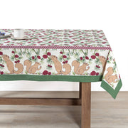 Couleur Nature - Squirrel and Pinecone Red & Brown Tablecloth: 71 x 71 on a wooden table, adorned with a white mug and plate with purple flowers.