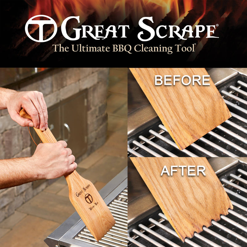 Great Scrape - Woody Nub BBQ Cleaning Tool in use; shows scraping action and before/after results. Ideal bristle-free gift for grill enthusiasts.