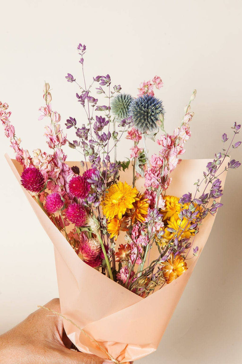 Idlewild Floral Co. - Bright Small Field Bouquet featuring dried strawflowers, amaranth, thistles, larkspur, and purple foliage, wrapped in peach paper, 12 tall, perfect for vases.