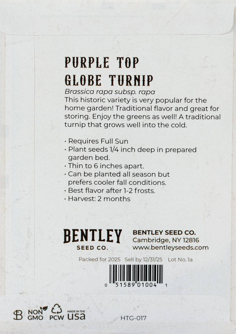 Bentley Seed Co. - Turnip-Purple White Globe 1800's packet back detailing planting instructions, harvest timing, and non-GMO status. Ideal for Athens Cooks' garden enthusiasts.