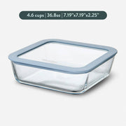 PlanetBox - Glass Food Storage Containers: Medium Square with blue silicone-seal lid, 7.19″ × 7.19″ × 2.25″, holds 4.6 cups, BPA-free, airtight, and microwave safe.