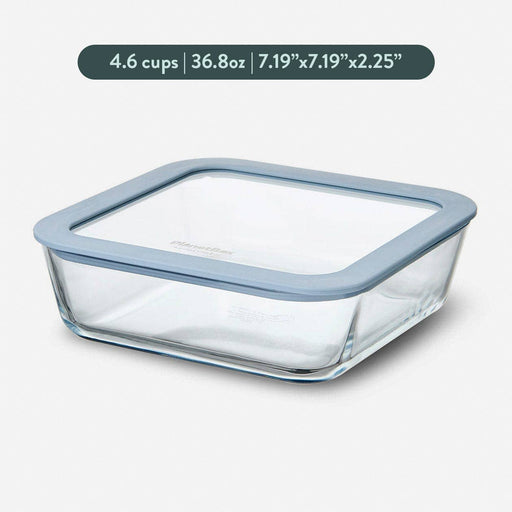 PlanetBox - Glass Food Storage Containers: Medium Square with blue silicone-seal lid, 7.19″ × 7.19″ × 2.25″, holds 4.6 cups, BPA-free, airtight, and microwave safe.