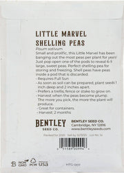 Bentley Seed Co. - Peas-Little Marvel Shelling 1900 seed packet showing planting instructions and branding, ideal for home gardeners seeking prolific, sweet heirloom peas.