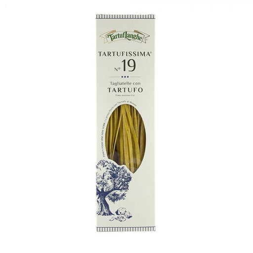TartufLanghe - Tartufissima® N°19 – Truffle Pasta in a cream box with visible tagliatelle, featuring truffle illustration; renowned artisan Italian product from Athens Cooks.