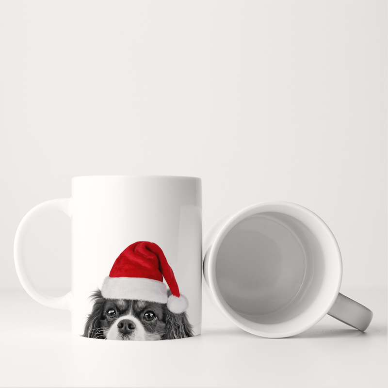 Perkie Prints - Santa Hat Cavalier King Charles 2 Mug featuring a cute dog design, perfect for festive sipping. Durable, microwave and dishwasher-safe ceramic.