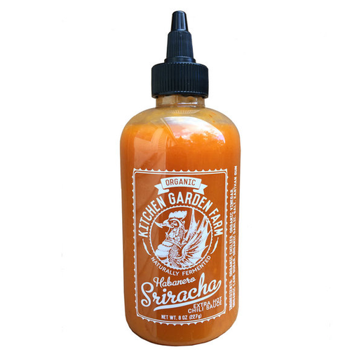 Kitchen Garden Farm - Organic Habanero Sriracha, extra-hot chili sauce in an 8 oz squeezable bottle, naturally fermented, showcasing organic ingredients from Sunderland, MA.