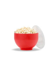 W&P Standard Size Popcorn Popper in red, filled with popcorn, showcasing its collapsible silicone design for easy storage, perfect for making waste-free popcorn.