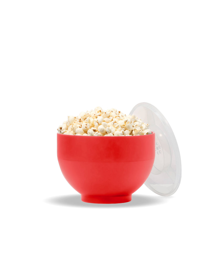W&P Standard Size Popcorn Popper in red, filled with popcorn, showcasing its collapsible silicone design for easy storage, perfect for making waste-free popcorn.