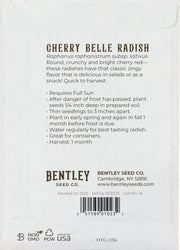 Bentley Seed Co. - Radish-Cherry Belle 1884 seed packet back, detailing planting instructions and features of round, crunchy, cherry-red radishes with a zingy flavor.