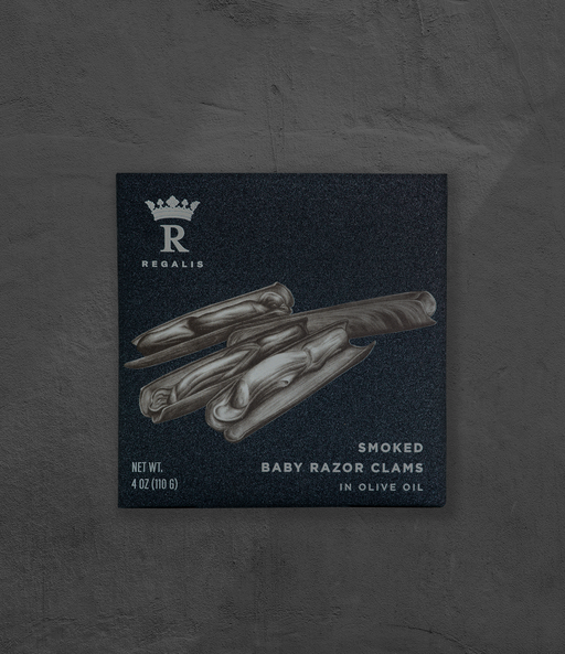Regalis Foods - Regalis Conservas, Smoked Baby Razor Clams, 12/110g: Crowned R logo, baby razor clams illustration, smoked in olive oil, 4 oz package.