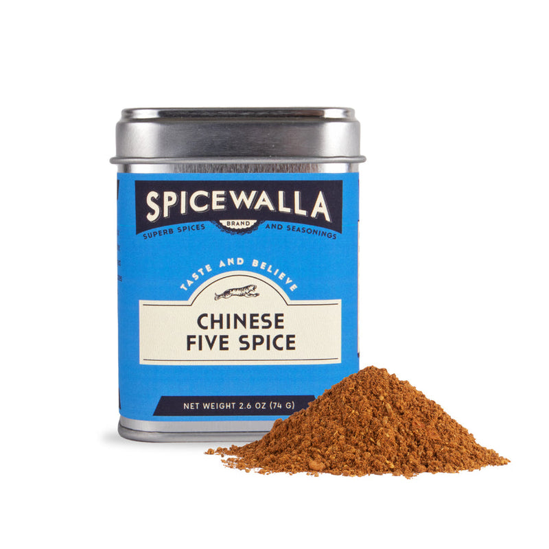 Spicewalla | Chinese Five Spice tin with ground spice blend showcases a 2.6 oz (74 g) container, emphasizing balanced flavors of cinnamon, clove, fennel, star anise, and Sichuan peppercorn.