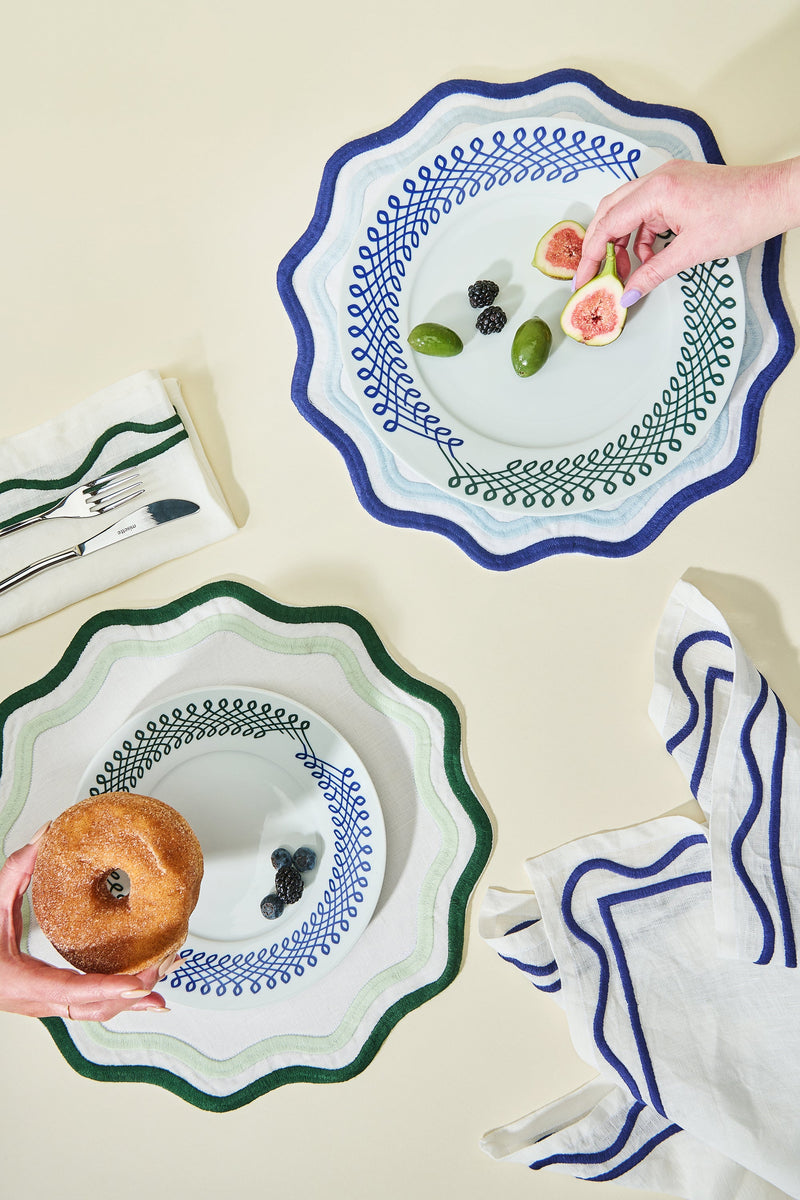 Misette | Colorblock Embroidered Linen Placemats, Blue & Amber