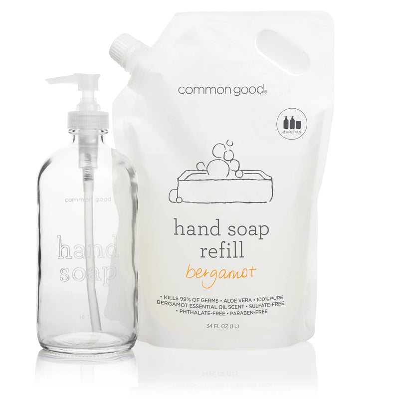 Common Good | Hand Soap Bergamot: Clear glass pump dispenser with a 34 fl oz refill pouch, bergamot scent, germ-killing, aloe-infused, sulfate-free, plant-based soap.