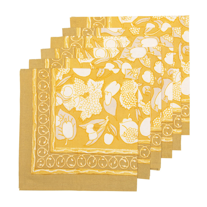 Caravan Home | 19 x 19 Forest Harvest Grey & Mustard Napkins Set of 6, showcasing hand-printed fruit and foliage motifs, perfect for enhancing dining experiences.