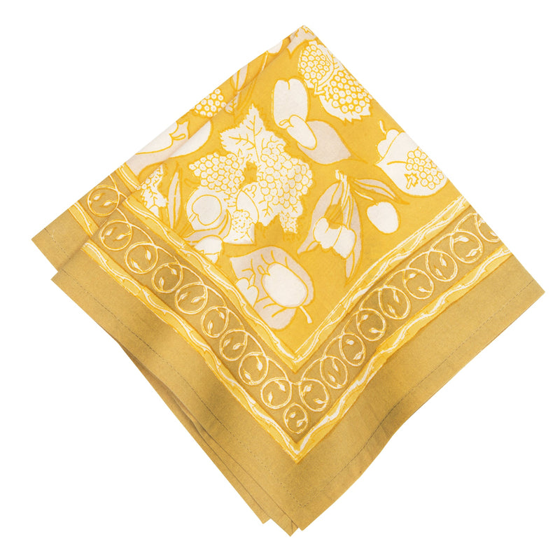 Caravan Home | 19 x 19 Forest Harvest Grey & Mustard Napkins Set of 6, featuring hand-printed fruit and vine designs, perfect for elegant dining settings.