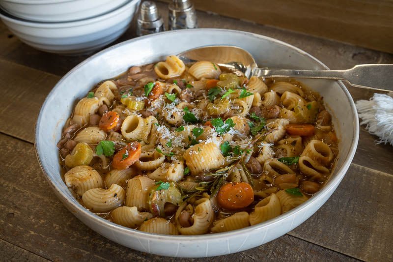 Rancho Gordo | Cranberry Bean featured in a bowl of pasta e fagioli, highlighting its rich texture and suitability for hearty dishes.