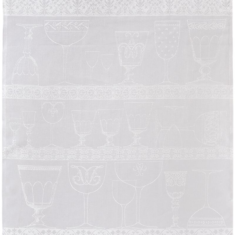 Le Jacquard Francais Linen Crystal Towel, White, featuring woven glassware silhouettes and floral motifs, ideal for drying delicate dishes, crafted from eco-friendly European linen.
