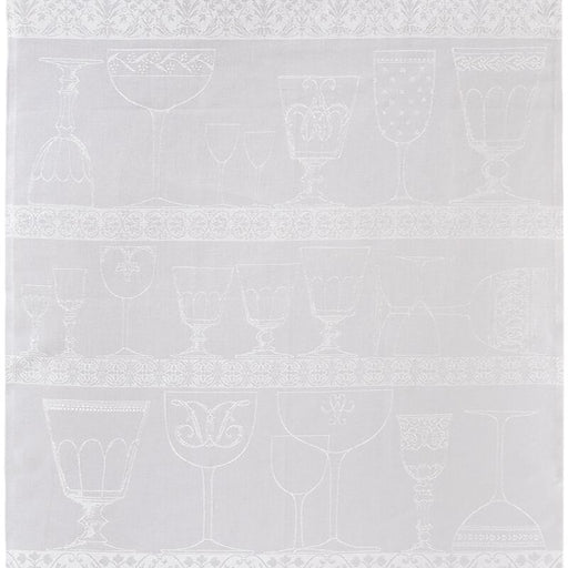 Le Jacquard Francais Linen Crystal Towel, White, featuring woven glassware silhouettes and floral motifs, ideal for drying delicate dishes, crafted from eco-friendly European linen.
