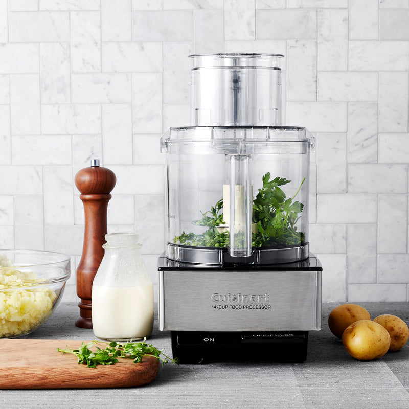 Cuisinart | Custom 14 Cup Food Processor with vegetables and milk nearby, showcasing its capacity for meal prep, perfect for Athens Cooks' kitchen essentials.