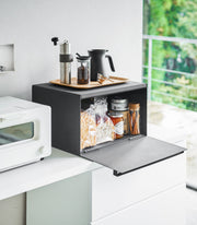 Yamazaki Home | Tower Bread Box, Steel, Black, holds bread loaves, jam, spices, and a coffee setup, streamlining your kitchen counter with style and function.