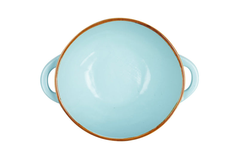 Novita | Mediterranean Stoneware Soup Bowl - Turquoise, featuring dual handles and a textured finish, perfect for serving soups and pasta. Crafted in Portugal.