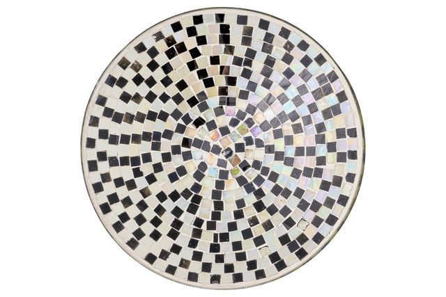 Novita Glass Mosaic Bowl with black and white square pattern, circular design, and glass material, enhancing home personalization. Dimensions: L. 26 cm, D. 26 cm, H. 5.5 cm.