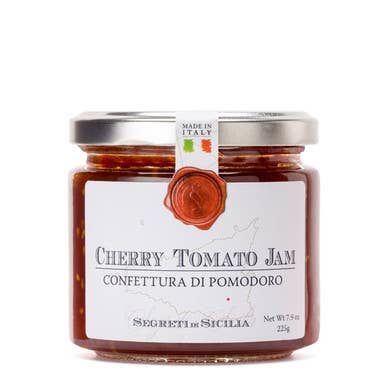 The French Farm - Frantoi Cutrera Cherry Tomato Jam 7.9oz jar, featuring a sweet Italian spread made with fresh cherry tomatoes and cane sugar, sealed with a metal lid.