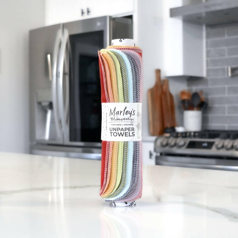 Marley's Monsters Earthy Rainbow UNpaper® Towels, 24-pack, showcasing durable, reusable towels designed for eco-friendly kitchen use, embodying vibrant sustainability.