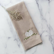 Crown Linen Designs | Pumpkin Linen Towel - Soft Flax (White-Green) featuring elegant white floral embroidery, perfect for enhancing kitchen or bathroom decor.