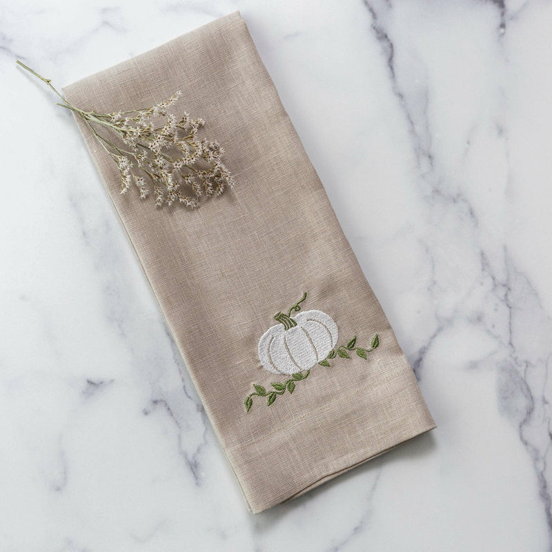 Crown Linen Designs | Pumpkin Linen Towel - Soft Flax (White-Green) featuring elegant white floral embroidery, perfect for enhancing kitchen or bathroom decor.