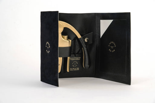 L'Atelier du Vin - USA - Lever Wine Opener - OENO MOTION GOLD NOMAD, gold-plated corkscrew set in black leather folio with foil cutter and knife.