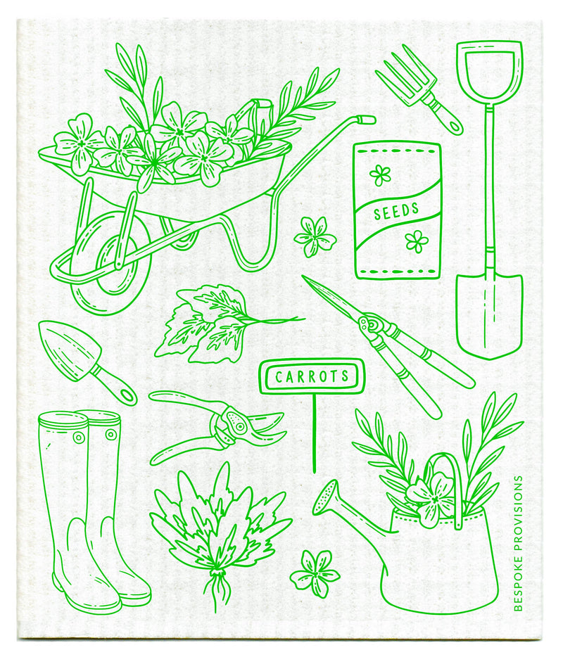 Bespoke Provisions - Gardening Swedish Dishcloth with green line drawings of garden tools and plants, ideal for eco-friendly cleaning, available at Athens Cooks.