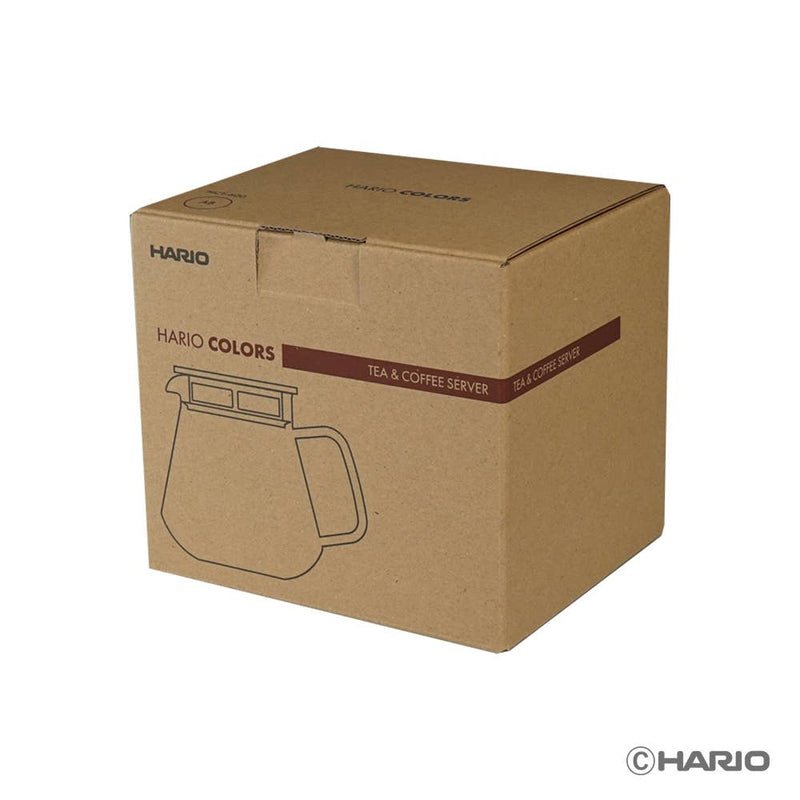 HARIO USA - HARIO Colors Glass Coffee and Tea Server, 600ml: Grey, packaged in a brown box featuring the Hario logo and line drawing of the server pot.