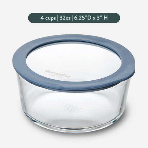 PlanetBox - Glass Food Storage Container: Large Round with slate blue silicone lid, 4-cup capacity, ideal for meal prep, freezer, and microwave use.