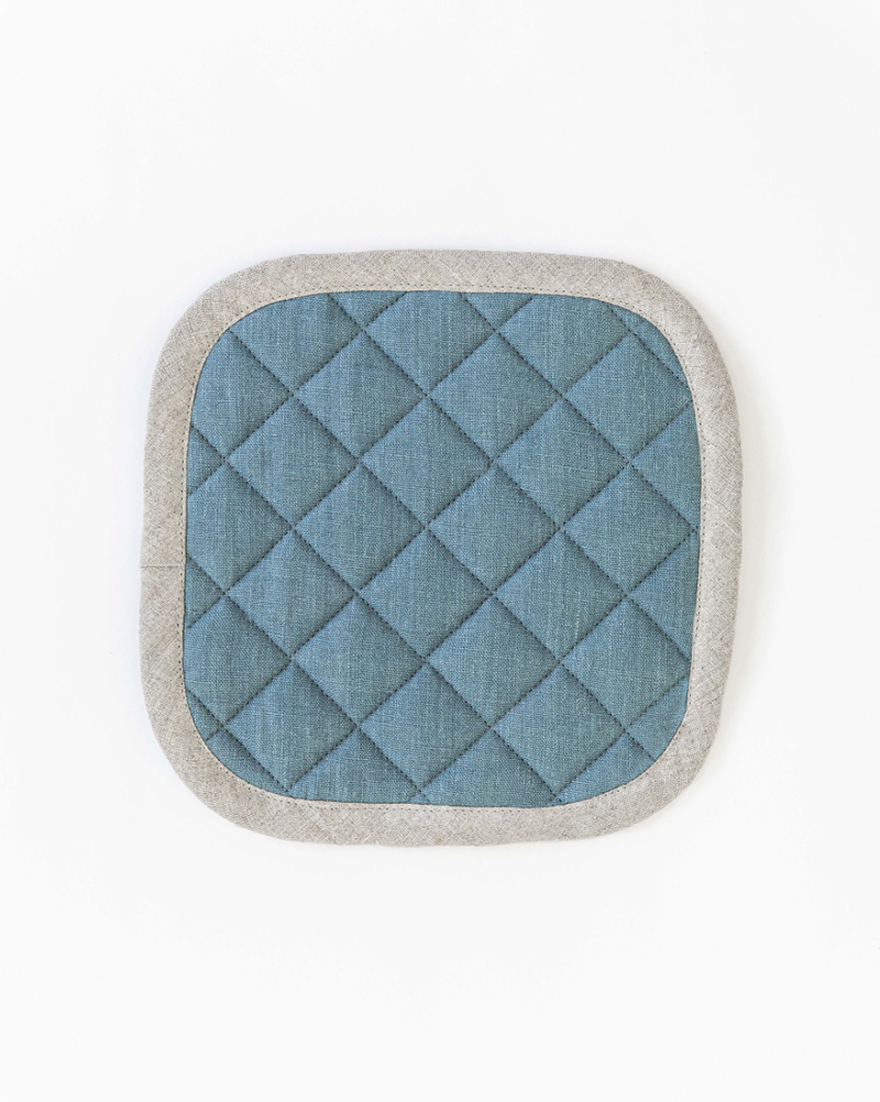 MagicLinen - Linen pot-holder in grey-blue, square-shaped with quilted detailing and hanging loop, ideal for heat protection in any kitchen.