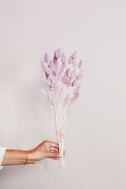Hand holding Idlewild Floral Co. - Preserved Two Tone Lavender Blush Bunny Tail, showcasing a delicate bouquet of purple flowers with a gold bracelet visible.