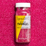 Supernatural - Twinkles Sanding Sugar: Hot Pink in a clear jar, featuring non-GMO, soy-free sprinkles. Ideal for baking, made with beet juice.