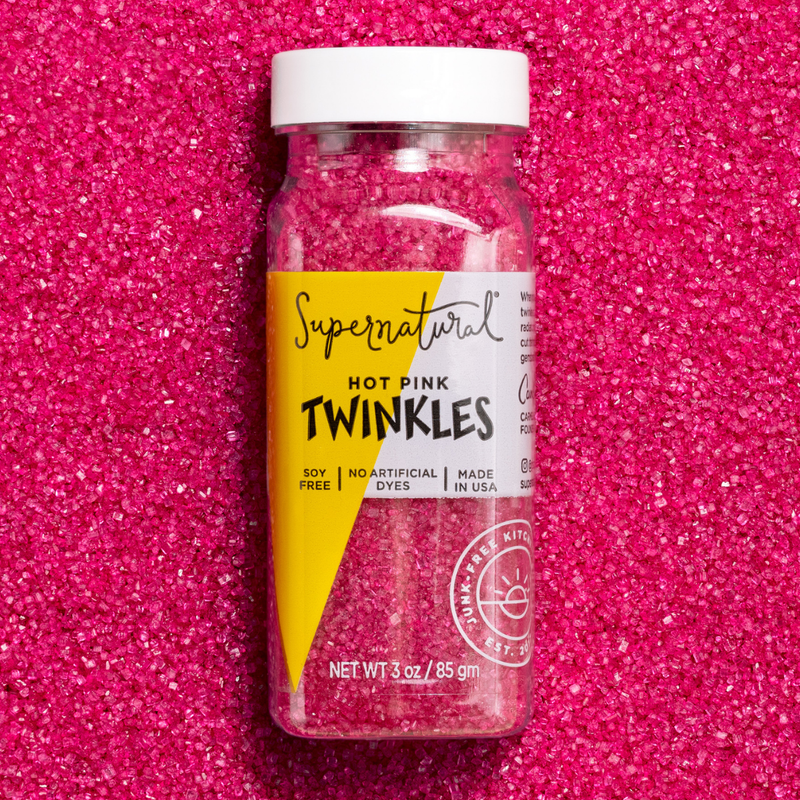 Supernatural - Twinkles Sanding Sugar: Hot Pink in a clear jar, featuring non-GMO, soy-free sprinkles. Ideal for baking, made with beet juice.