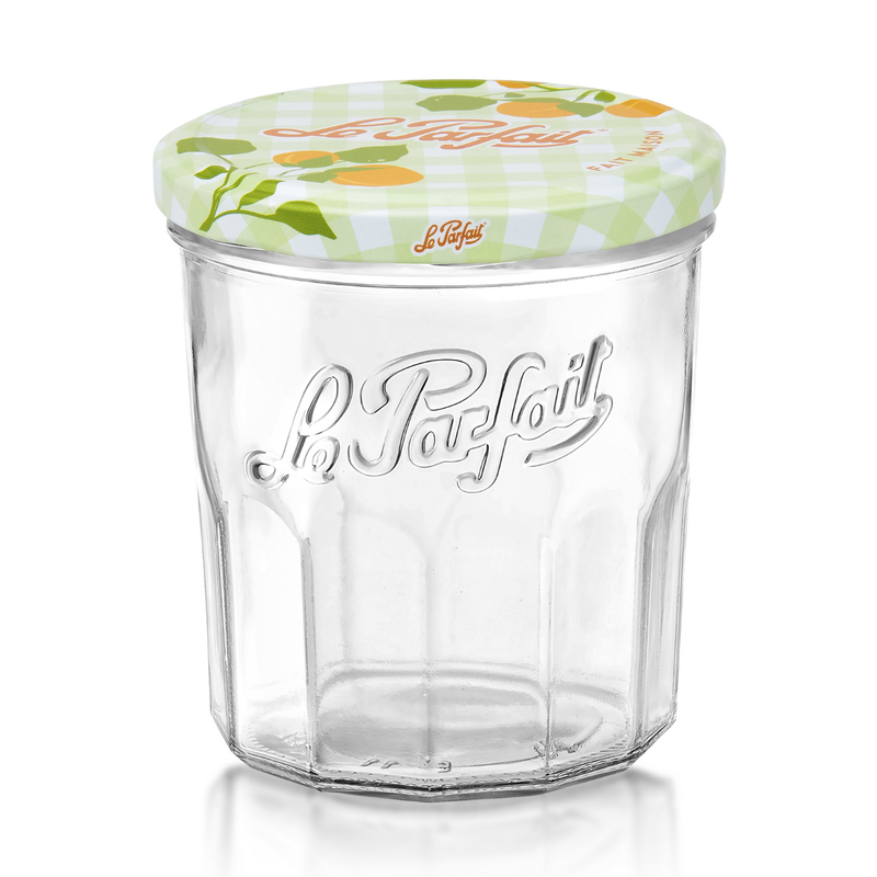 Le Parfait | Faceted French Jam Jar with octagonal glass body, embossed logo, and green-and-white gingham lid, ideal for preserving and stylish storage.