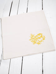Hearth and Harrow - Set of 4 Organic Cotton Chickadee Cloth Napkins in Yellow, featuring a hand-printed bird design, soft and eco-friendly for versatile kitchen use.
