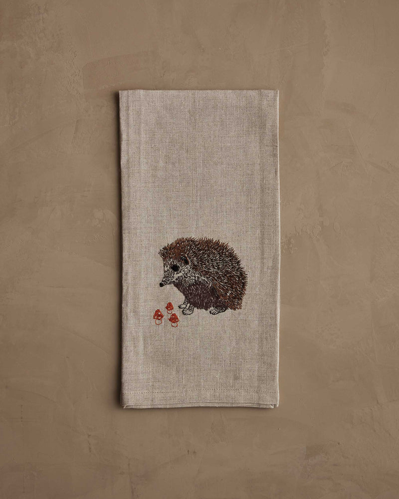 Coral & Tusk - Hedgehog with Mushrooms Tea Towel featuring a hedgehog and mushrooms embroidery, perfect for adding charm to any kitchen setting.