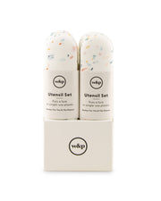 W&P - Stainless Steel Utensils Set in Silicone Carry Case: Terrazzo Charcoal, featuring compact stainless steel fork, knife, and spoon in a white silicone case, ideal for travel.