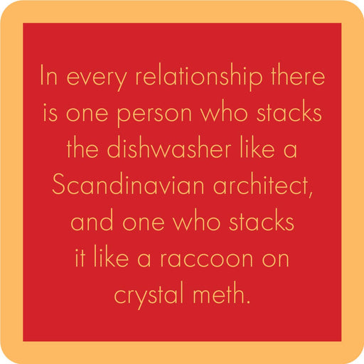 Drinks on Me coaster with humorous dishwasher stacking caption, ideal for adding humor to kitchen or bar decor. Perfect for gifting and surface protection.