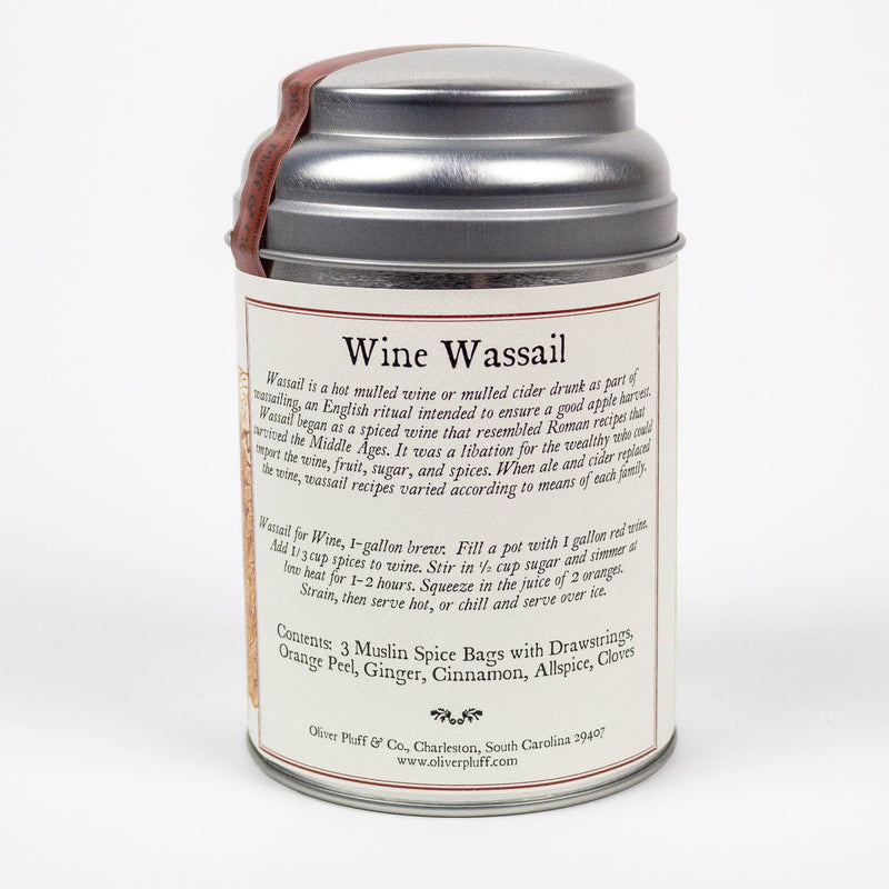 Oliver Pluff & Company - Wine Spices Wassail Kit canister with recipe, spice bags, and historical details for making traditional mulled wine or cider.