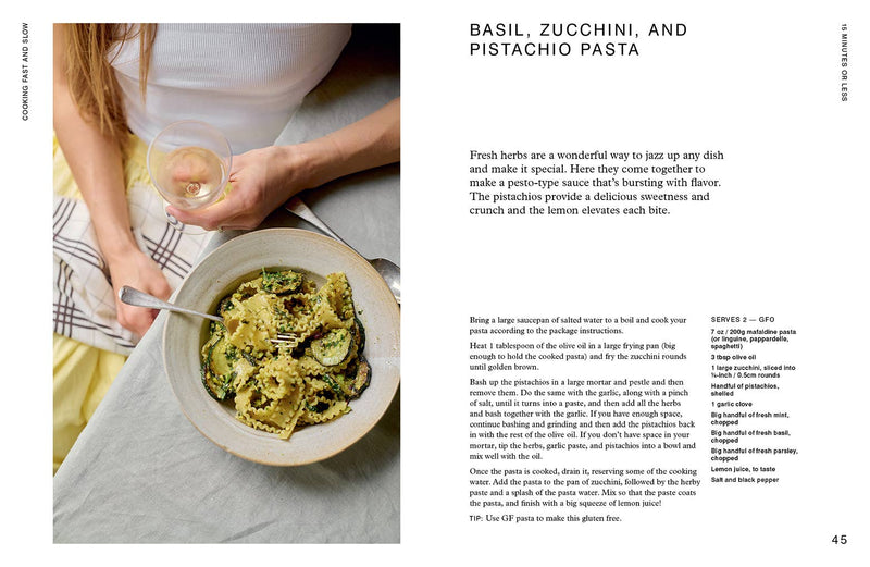 Penguin Random House LLC - Cooking Fast And Slow cookbook spread featuring Basil, Zucchini, and Pistachio Pasta recipe with detailed instructions and ingredients.