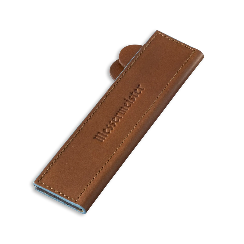 Messermeister - Leather Magnetic Edge-Guard - 8.5: Brown leather sleeve for kitchen knives, embossed logo, magnetic closure, felt-lined for blade protection.