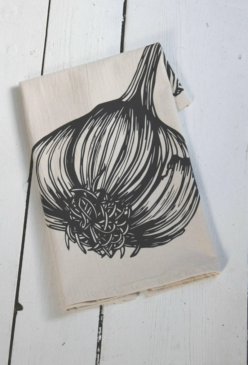 Hearth and Harrow Organic Cotton Garlic Tea Towel, featuring a hand-printed garlic sketch on eco-friendly cotton, ideal for kitchen use.