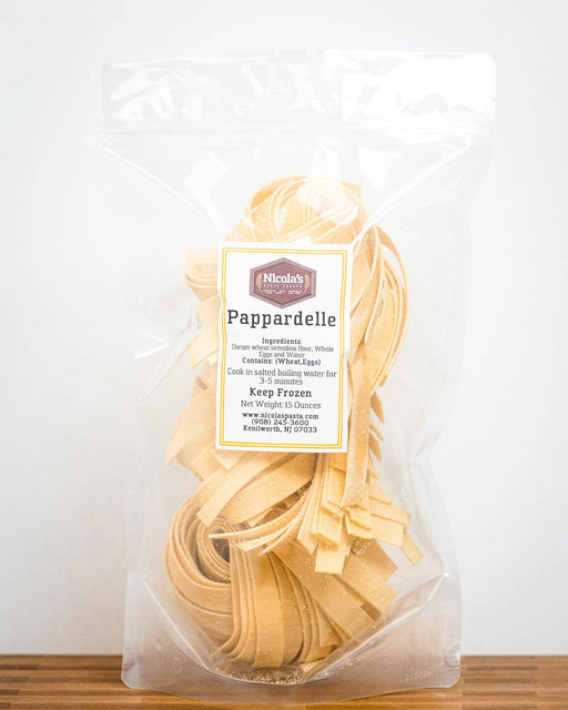 Nicola's Marketplace - Pappardelle: Fresh, frozen pappardelle pasta in a resealable pouch, featuring premium ingredients from local farmers, ideal for quick Italian meals.