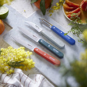 Opinel | Essential Small Kitchen Knife Sets Landscape: Five-piece knife set with colorful handles on a marble board, surrounded by citrus and herbs, showcasing craftsmanship and versatility.