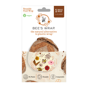 Bee's Wrap - Bread Wrap - Meadow Magic: Vegan, reusable, compostable wrap for bread, featuring a bee motif and icons for “No Plastic,” “Reusable,” and “Compostable.”